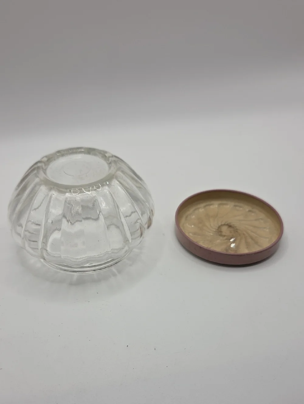 Vintage Glass Powder  Jar with Pink and Cream Decorative Lid